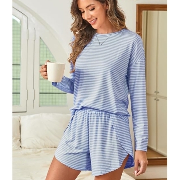 Long Sleeve Pajama Lounge Matching Set Striped Sleepwear Blue - Picture 6 of 6